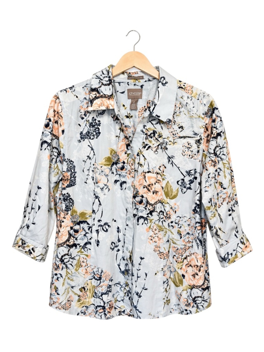 Chico's Womens Floral Button Up Blouse Top Large Career Business 3/4 Sleeve